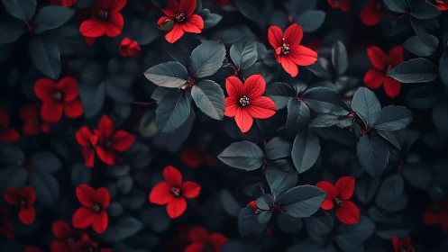 Red flowers blooming against dark foliage creates striking visual contrast