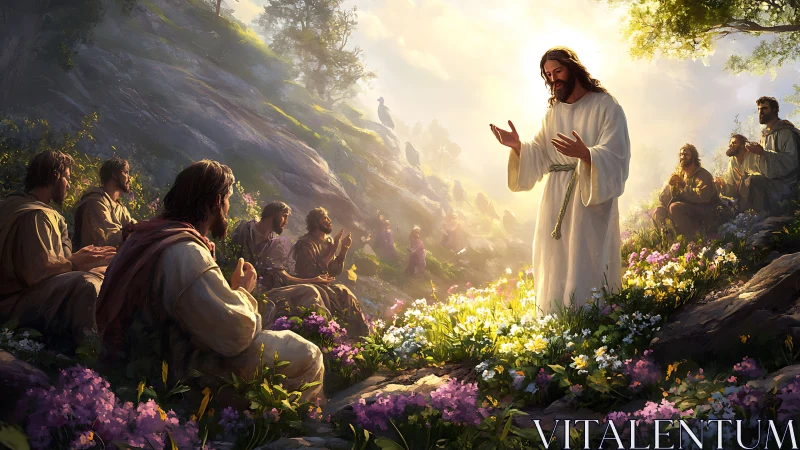 Jesus figure teaches disciples on sunlit hillside meadow