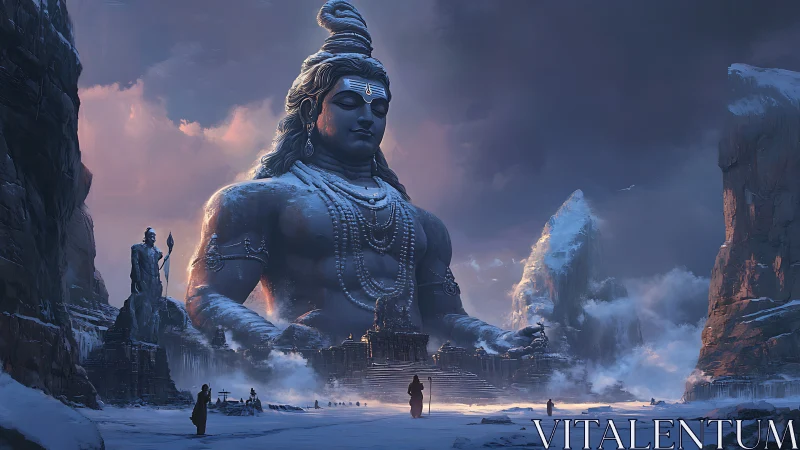 Colossal snowbound Shiva monument in icy Himalayan canyon