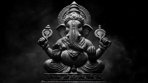 Shadowed Ganesha breathes quiet light into swirling darkness