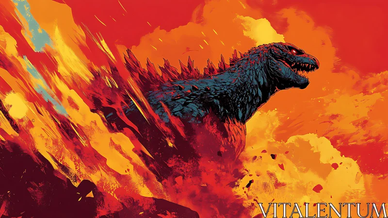 Kaiju silhouette storms through eruptive inferno palette.