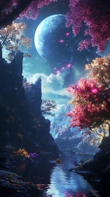Lunar-lit alien river valley with luminous magenta foliage.