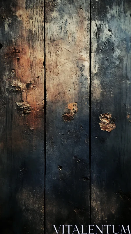 Weathered vertical planks with dark stains and erosion marks.