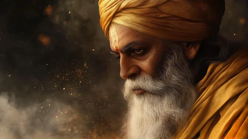 Ember-lit elder in golden turban guarding inner storms.