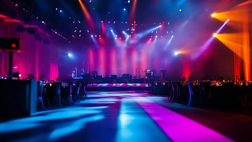 Stage-lit banquet hall with multicolor wash lighting and fog effects