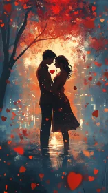 Silhouetted couple with falling hearts and atmospheric forest setting.