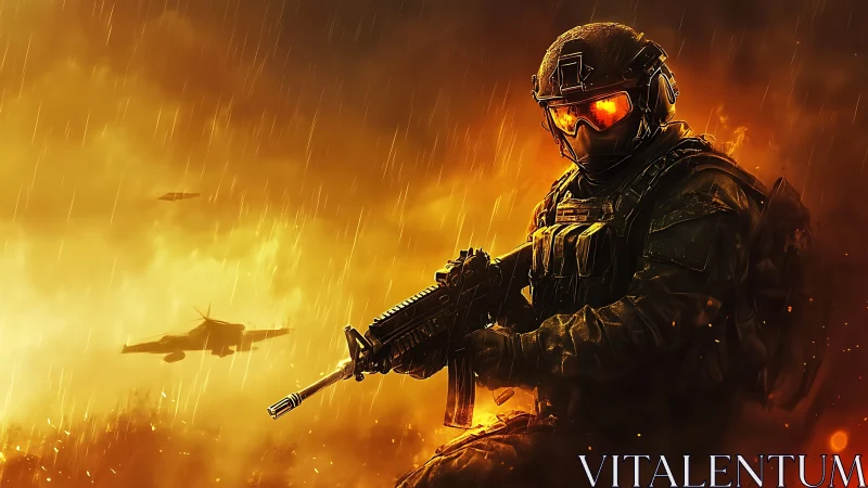 Armored soldier grips assault rifle amid burning battlefield