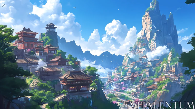 Vertical mountain citadel with terraced temples and waterfalls.