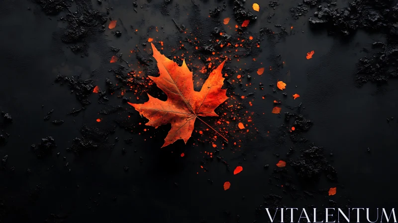 Fiery maple leaf rests on dark textured background.