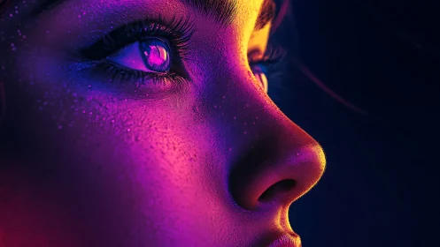 Neon-lit close-up portrait captures reflective, futuristic gaze