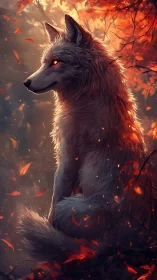 Luminous-eyed white wolf rendered in autumnal rim lighting