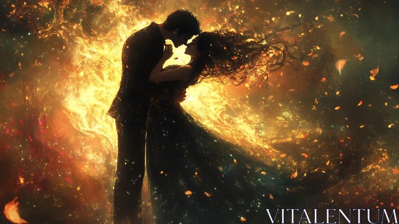 Inferno Embrace: Love Ablaze in Golden Chaos.