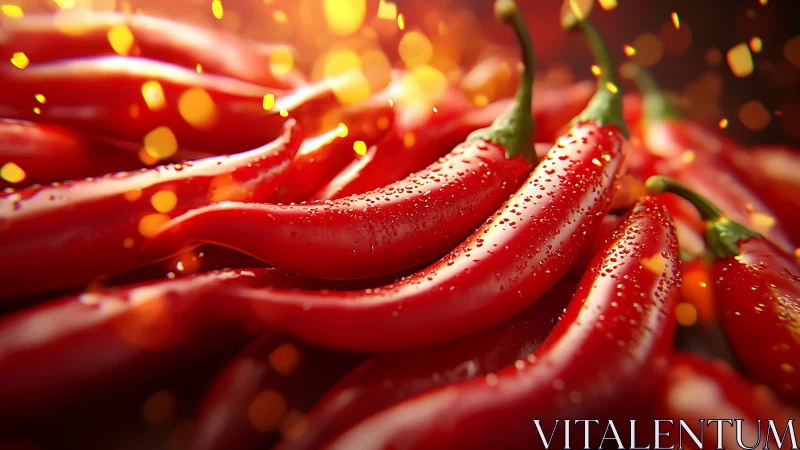 Glowing red chili peppers sparkle with fresh fiery energy