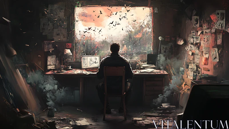 Late-night storyteller at a window full of wild ideas.