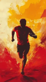 Silhouetted runner against abstract orange explosion background.