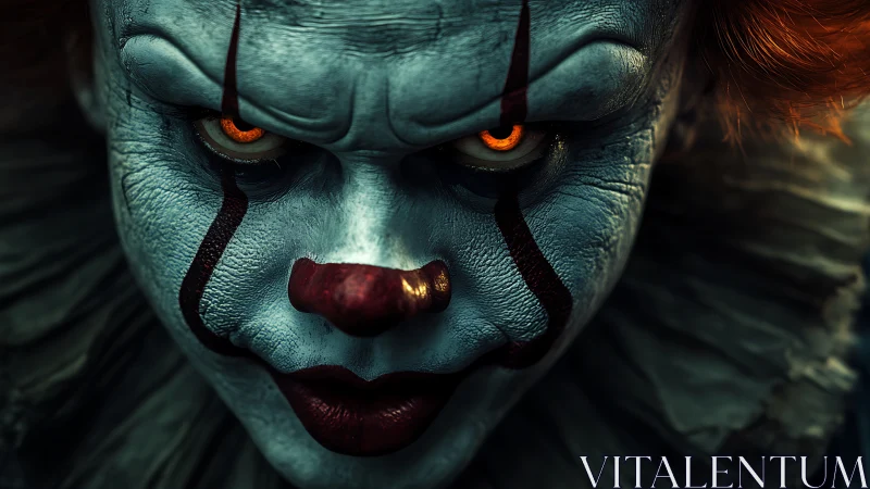 Menacing carnival clown with molten eyes in eerie closeup.