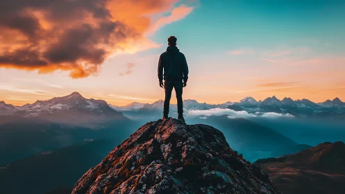 Photorealistic alpine summit figure at cinematic sunset horizon.