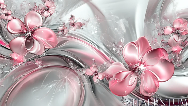 Fractal metallic pink floral forms on reflective silver flowing substrate