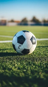 Soccer ball rests on sunlit green field before a match.
