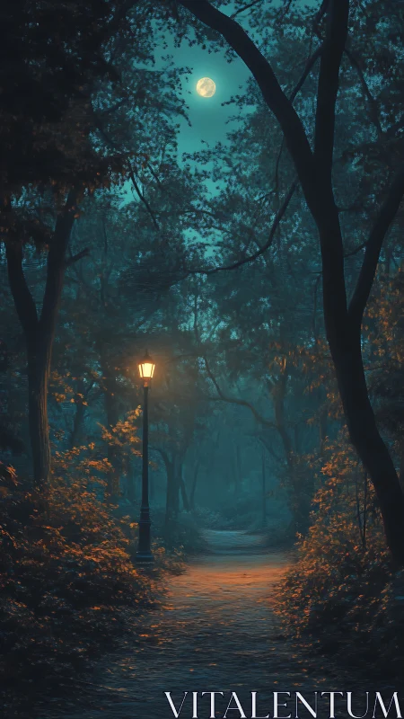 Nocturnal Sanctuary: Where Amber Leaves Dance with Moonlit Whispers.