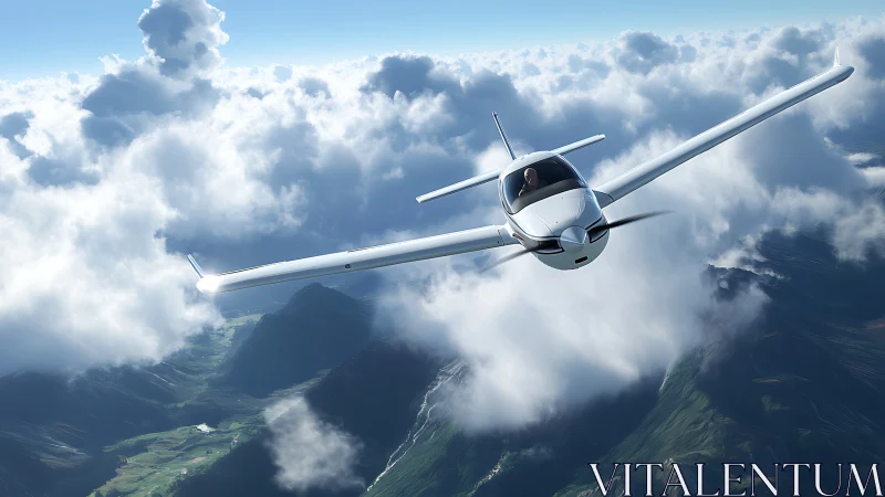 Sleek white propeller airplane cuts through bright mountain clouds