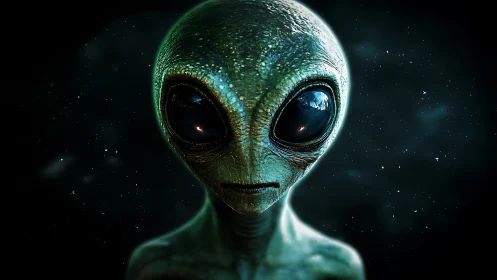 Alien portrait with luminous eyes in deep space.