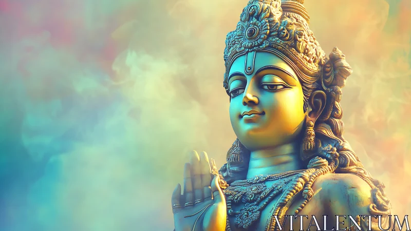 Blue-toned Hindu deity statue rendered against soft color smoke