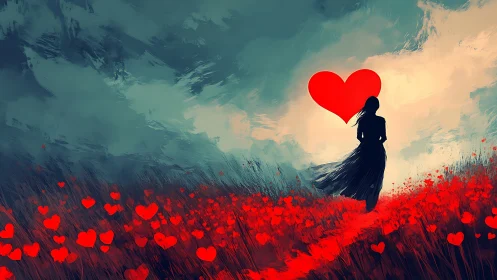 Solitary Figure Amid Red Hearts Field. Digital Art.