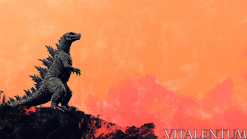 Kaiju silhouette dominates fiery abstract horizon.