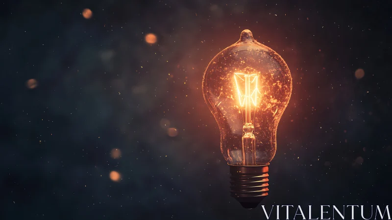 Glowing light bulb with warm filament in dark space.