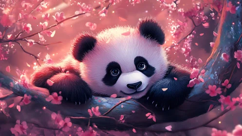 Panda cub rests in glowing cherry blossom branches at dusk.
