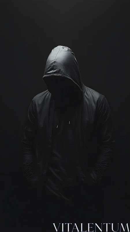 Hooded figure stands in deep shadowed minimalist darkness.