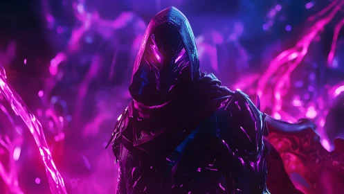 Hooded armored figure amid neon purple energy field.