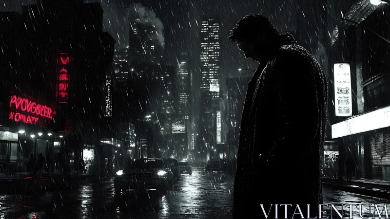 Silhouetted man stands in rainy neon city street at night