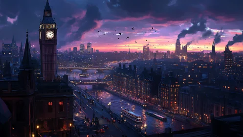 Nocturnal London riverscape with chromatic atmospheric lighting.