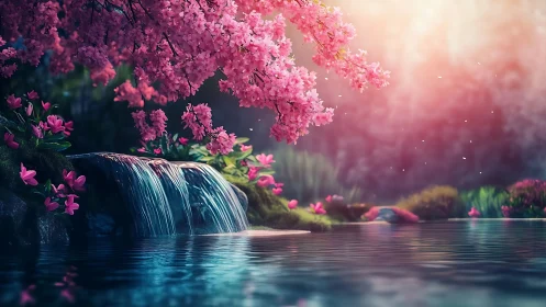 Serene cherry blossoms arc above tranquil waterfall pool.
