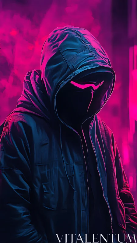 Cyberpunk hooded figure under neon magenta glow.