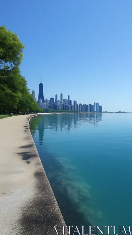 Urban shoreline with concrete path and distant high-rises