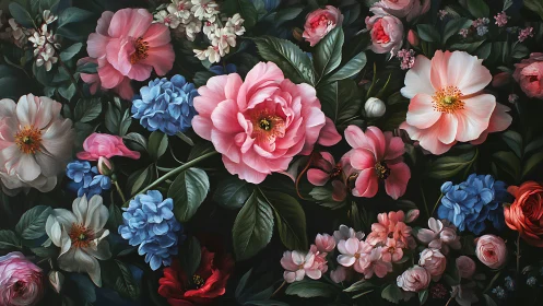 Lush Floral Garden with Pink Peonies and Blue Hydrangeas.