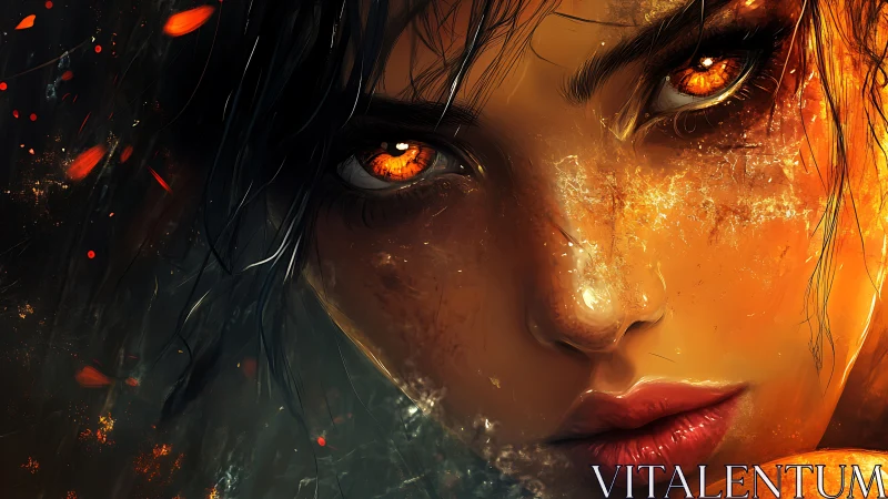 Close-up digital portrait of woman with fiery glowing eyes.