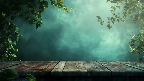 Wooden forest stage waits quietly beneath drifting turquoise mist