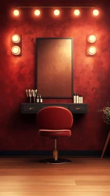 Cinematic salon vanity in warm chiaroscuro digital rendering.