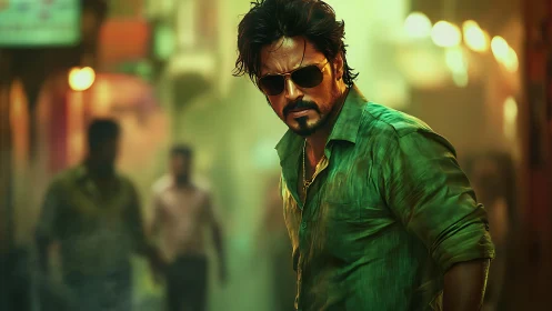 Intense street portrait of man in green shirt and sunglasses.