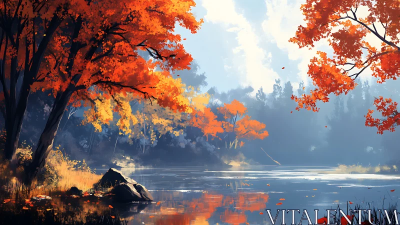 Golden autumn trees glowing softly beside a quiet lakeshore.