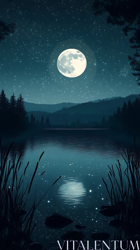 Full moon over forest lake mirrors luminous night sky.