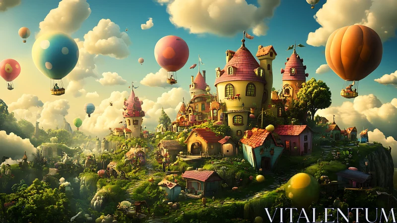 Whimsical cliffside village floats beneath playful balloons