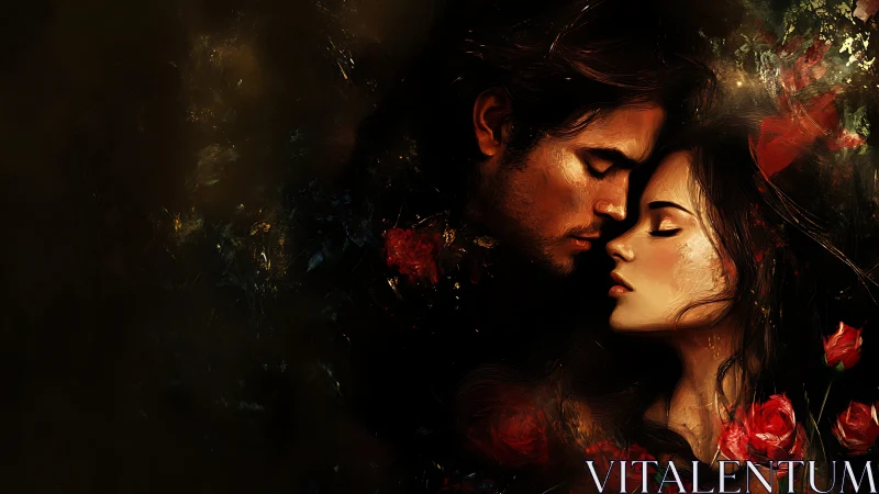 Romantic Embrace Amidst Red Roses in Dramatic Candlelight.
