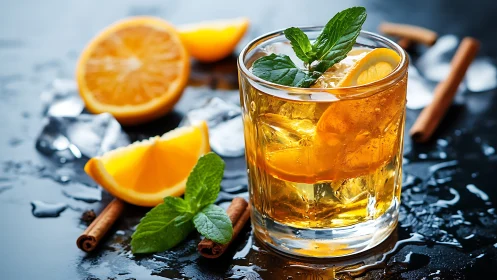 Citrus Aperitif with Mint and Cinnamon on Wet Reflective Surface