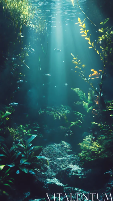 Sunlit underwater garden filled with quiet, leafy magic.