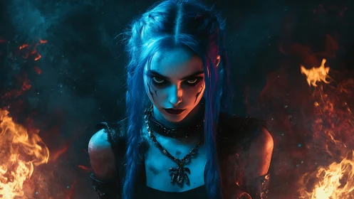 Blue-haired warrior stares forward amid balanced surrounding fire.